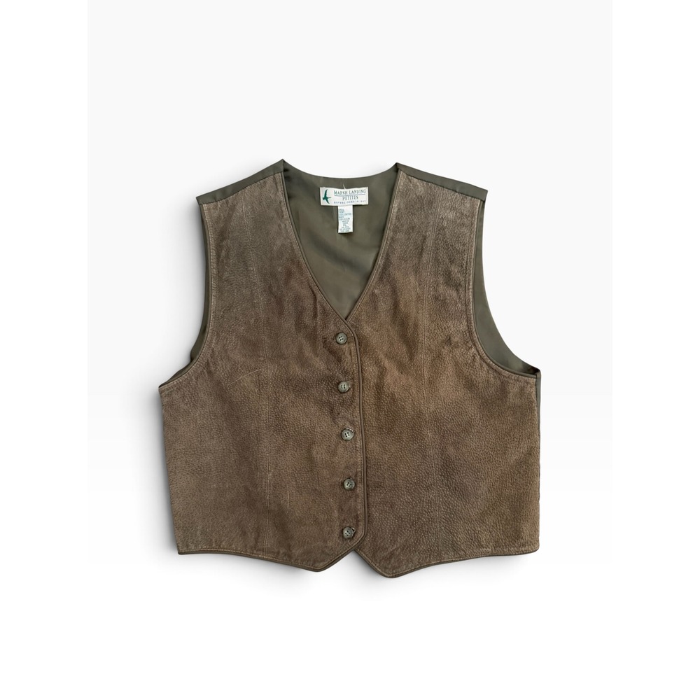 Marsh Landing Leather Vest Women Petite L Brown EUC Button Up Cinch Back V-Neck